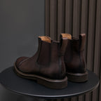 Men's pointed-toe Chelsea dress boots in dark brown, side elastic panels and pull tabs