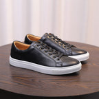Men's black leather sneakers, lace-up with white rubber sole