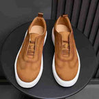 Men's genuine leather sneakers, brown slip-on style with white rubber sole