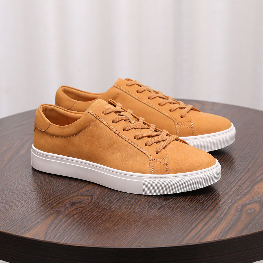 Men's leather sneakers, tan suede, lace-up low-top with white sole