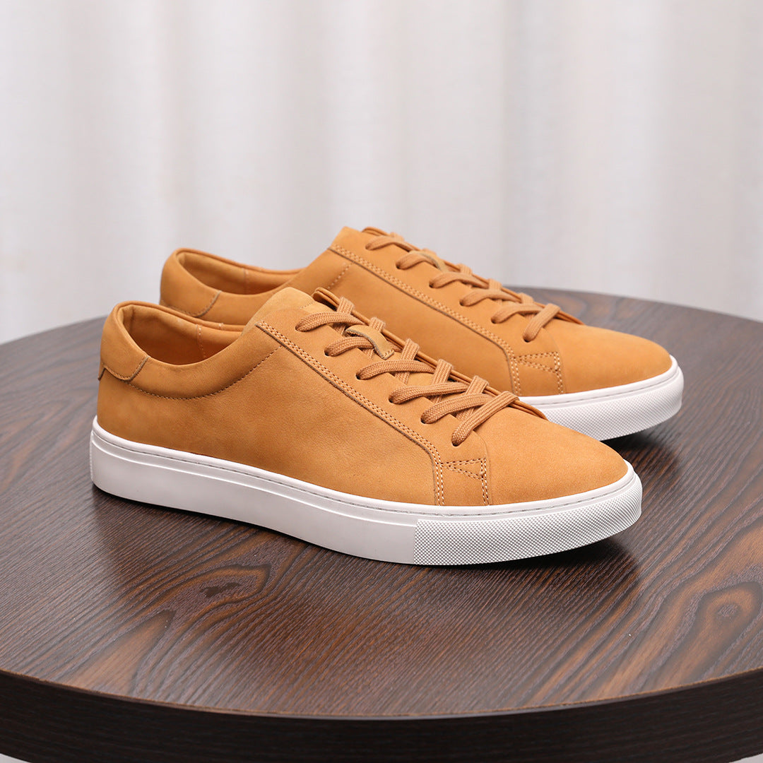 Men's leather sneakers, tan suede, lace-up low-top with white sole