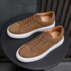 Men's brown leather sneakers, lace-up design with white midsoles