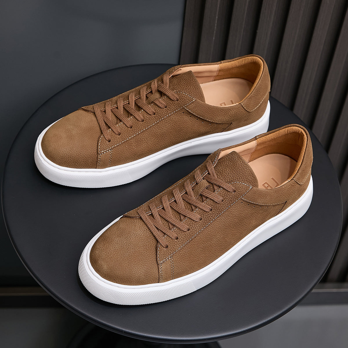 Men's brown leather sneakers, lace-up design with white midsoles