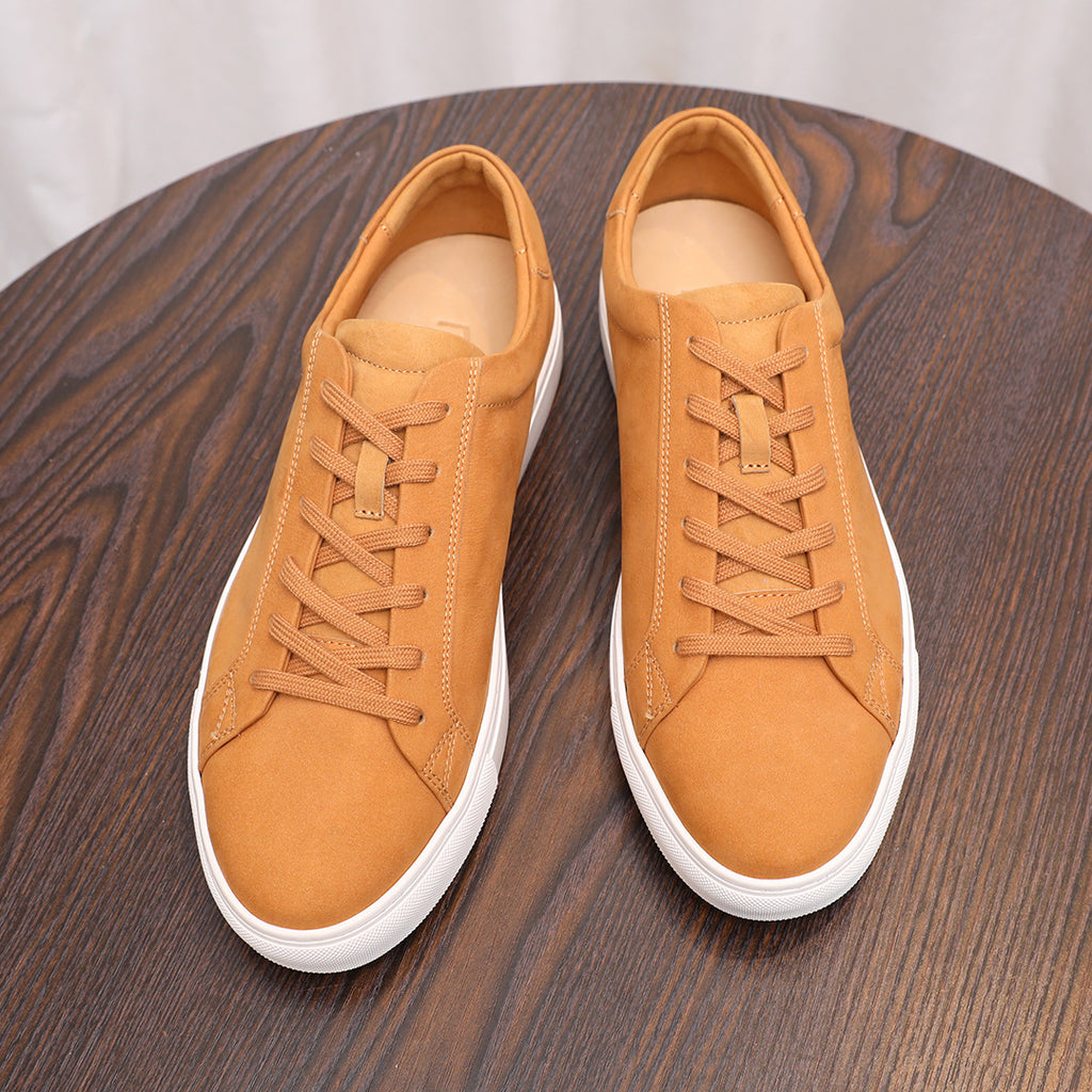 Men's leather sneakers, tan suede, lace-up front with white rubber sole