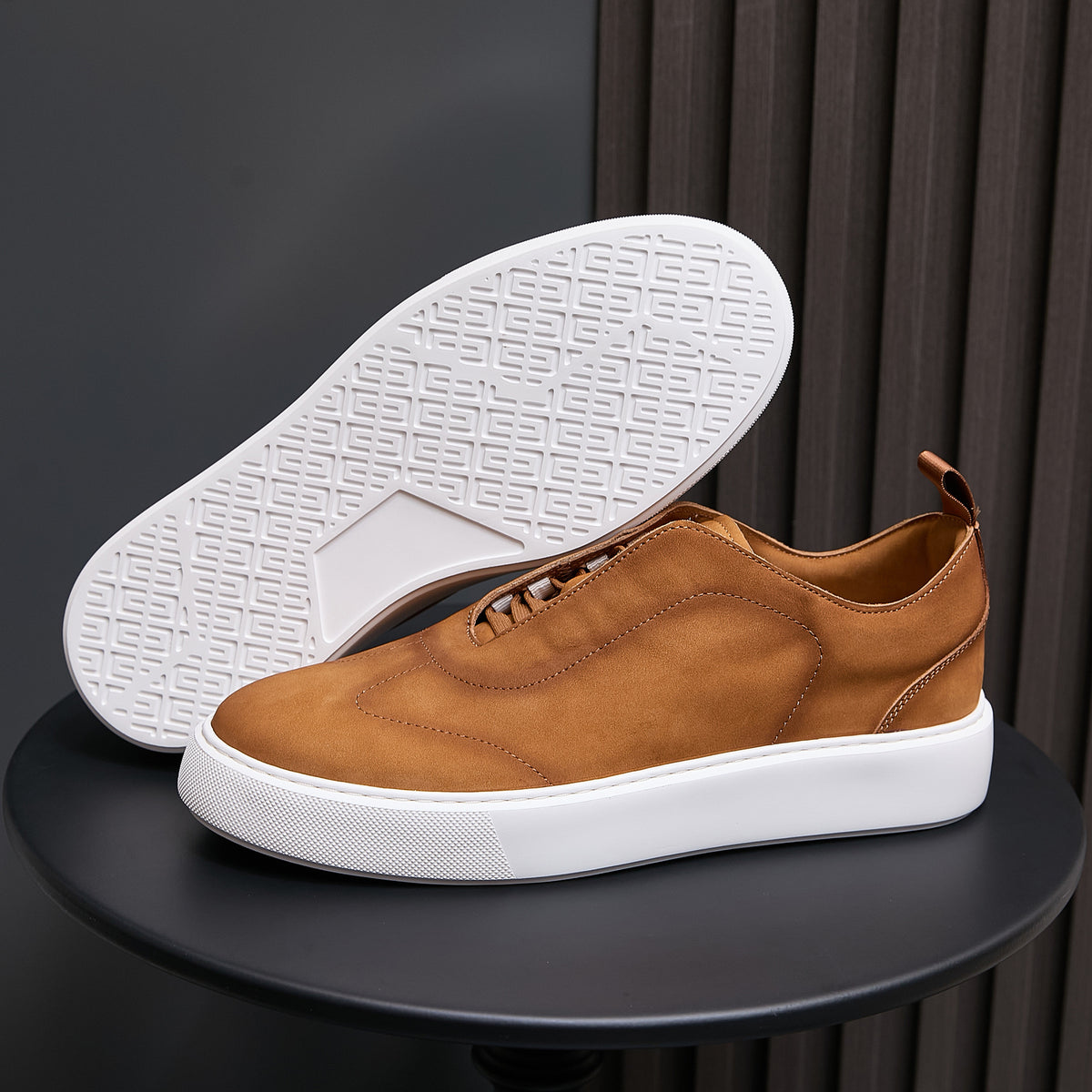 Men's genuine leather sneakers, brown uppers with textured white outsole and thick sole