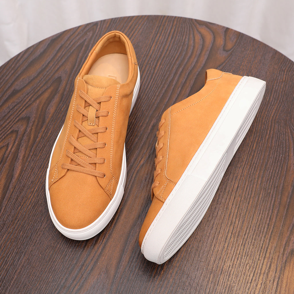 Men's leather sneakers, tan suede, lace-up with white sidewall detail