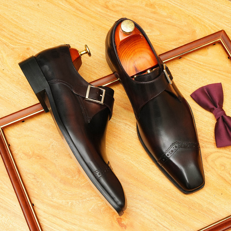 Men's Black Dark Brown Pointed Toe Single Monk Leather Shoes