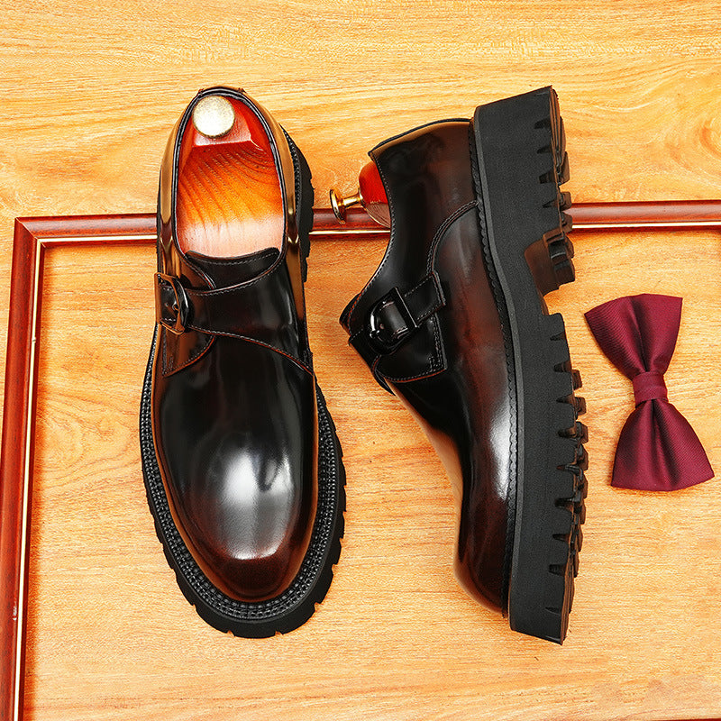 Men's Round Toe Chunky Sole Single Monk Strap Leather Shoes