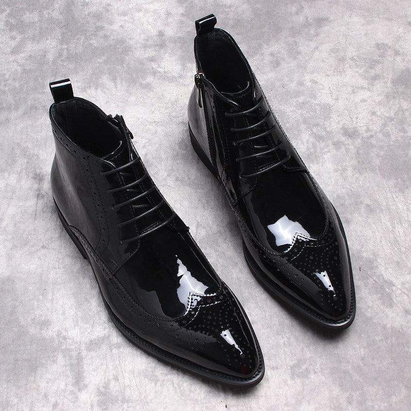 Black leather dress boots with lace-up front and side zip, thick sole view
