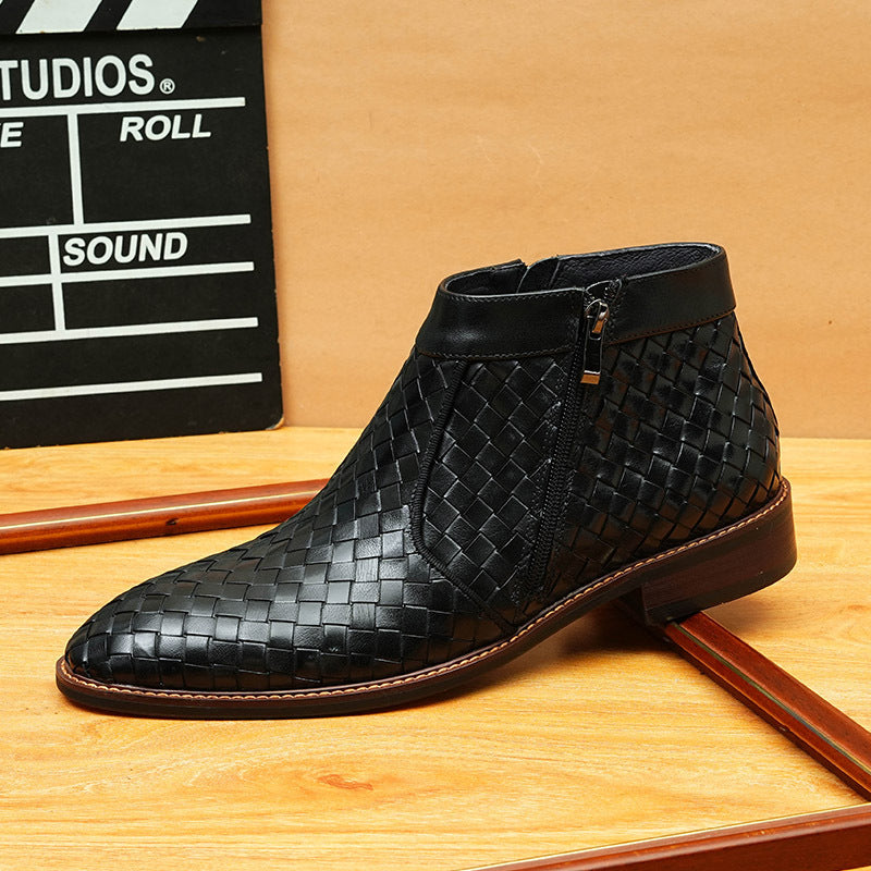 Men's Woven Pointed Toe Leather Zip Dress Boots