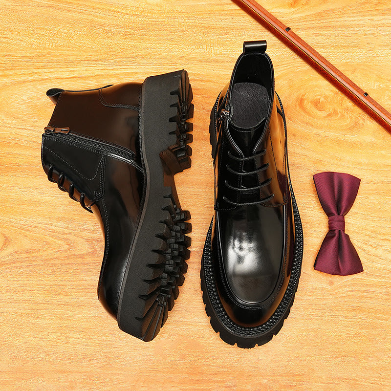 Men's Platform Decorative Lace-Up Leather Zip Boots