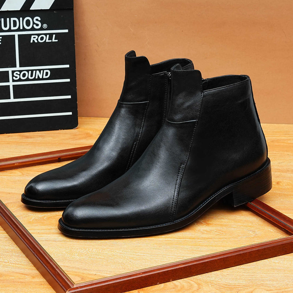 Men's Pointed Toe Leather Side-Zip Ankle Dress Boots