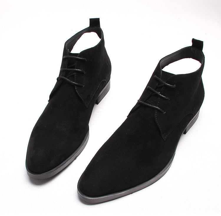 Black lace-up dress boots with stitched panels and low block heel