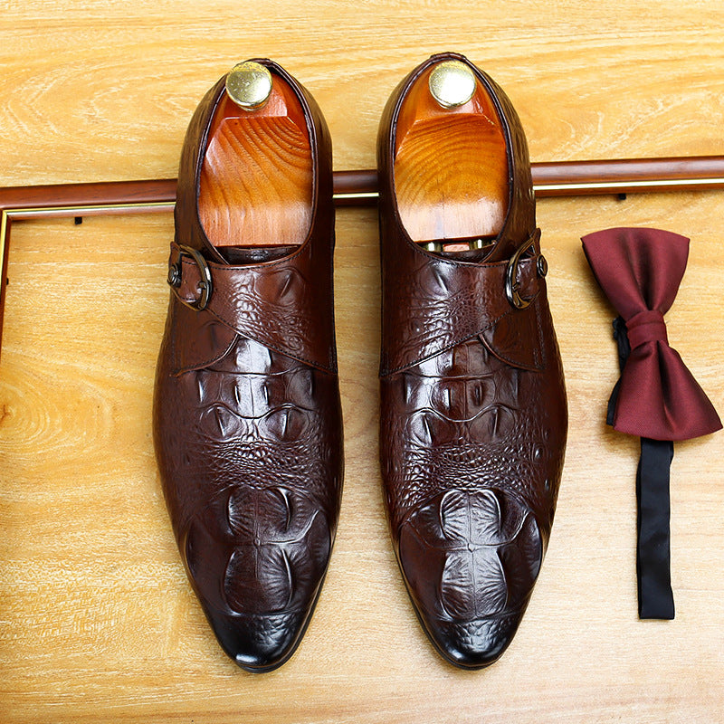 Men's Croc Embossed Pointed Toe Single Monk Leather Shoes