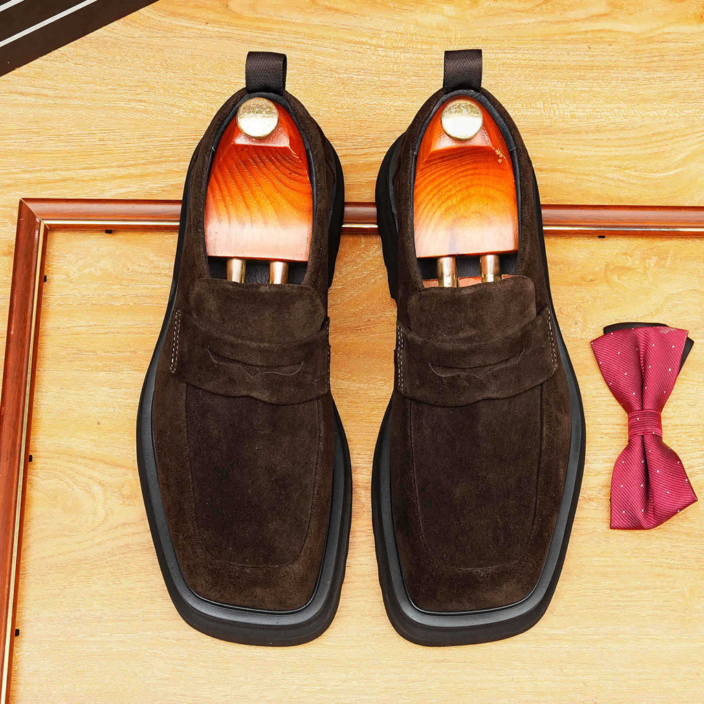Men's Suede Broad Square Toe Platform Dress Loafers