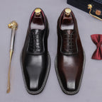 Men's chunky lug sole wingtip brogue oxford shoes, pair in black and dark brown front view.