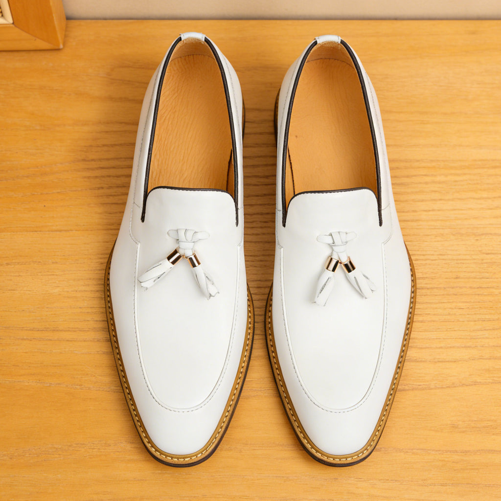 Men's White Tassel Platform Leather Casual Dress Loafers