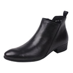 Black leather ankle dress boot with low block heel and side zip