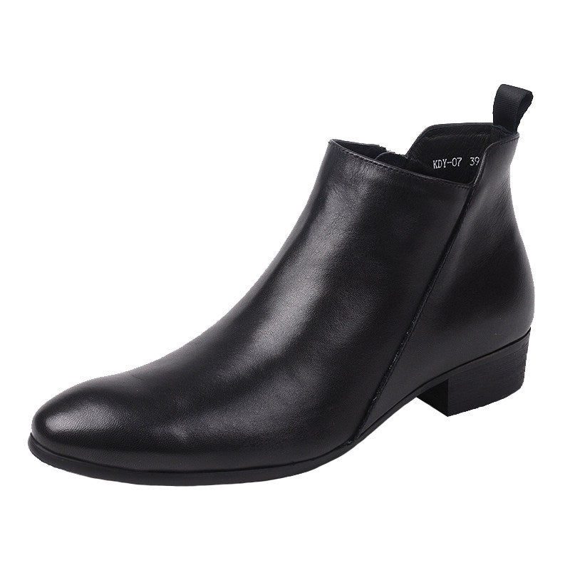 Black leather ankle dress boot with low block heel and side zip
