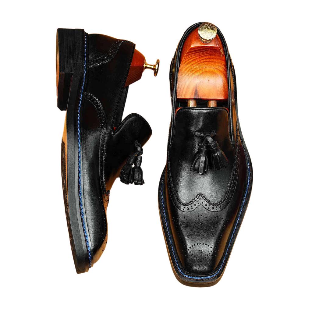 Men's Perforated Brogue Tassel Square Toe Leather Loafers