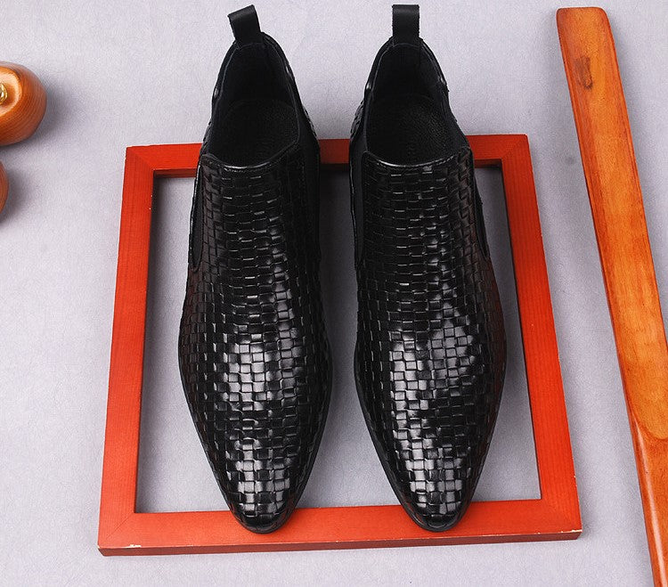 Black leather formal dress boots with woven pattern, side zipper, thick sole pair