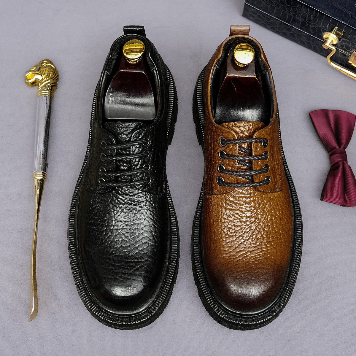 Men's pointed-toe leather derby dress shoes, black and dark brown, lace-up design