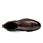 Men's genuine leather brown Chelsea dress boots, side view with perforated wingtip styling