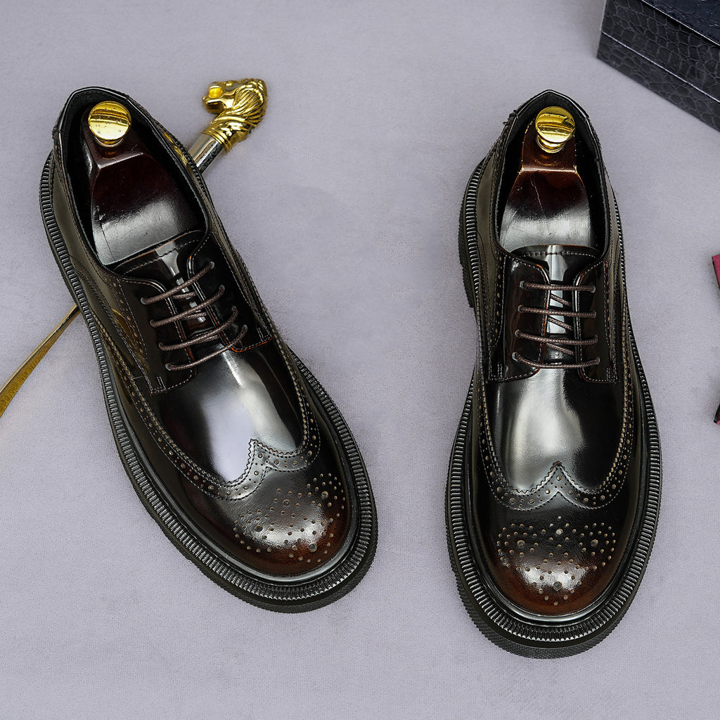 Men's leather pointed-toe derby shoes, lace-up front with brogue detailing and dark finish.