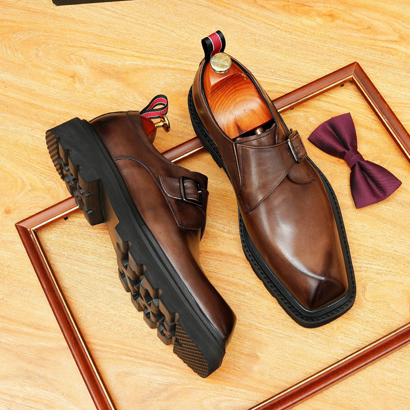 Men's Polished Square Toe Chunky Sole Single Monk Shoes