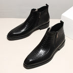 Men's black leather ankle boots with side zip, embossed texture, thick sole