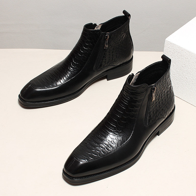 Men's black leather ankle boots with side zip, embossed texture, thick sole