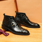 Men's Croc Embossed Buckle Leather Side-Zip Dress Boots