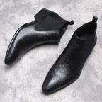 Men's genuine leather Chelsea dress boots, black, slip-on elastic side gore