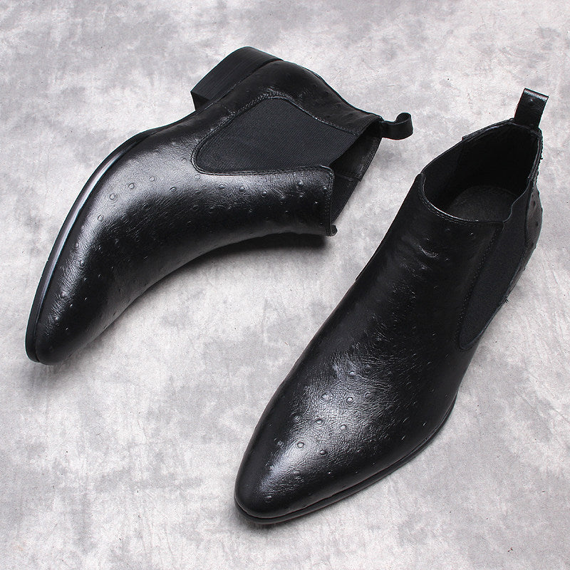 Men's genuine leather Chelsea dress boots, black, slip-on elastic side gore