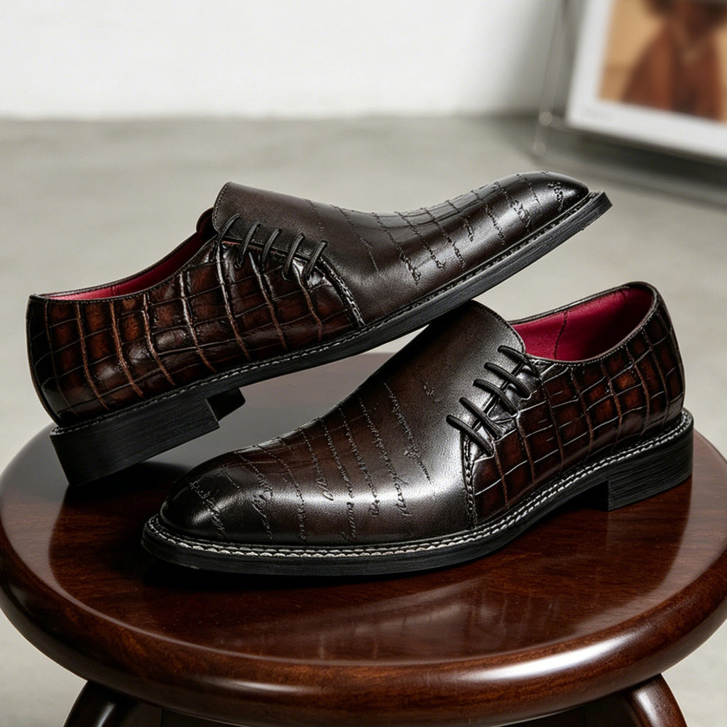 Men's Letter-Detail Crocodile Embossed Dress Loafers