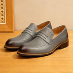 Men's Dot-Pattern Pointed Toe Leather Dress Loafers