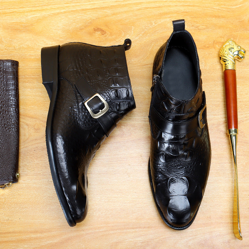 Men's Pointed Toe Croc Embossed Leather Side-Zip Boots