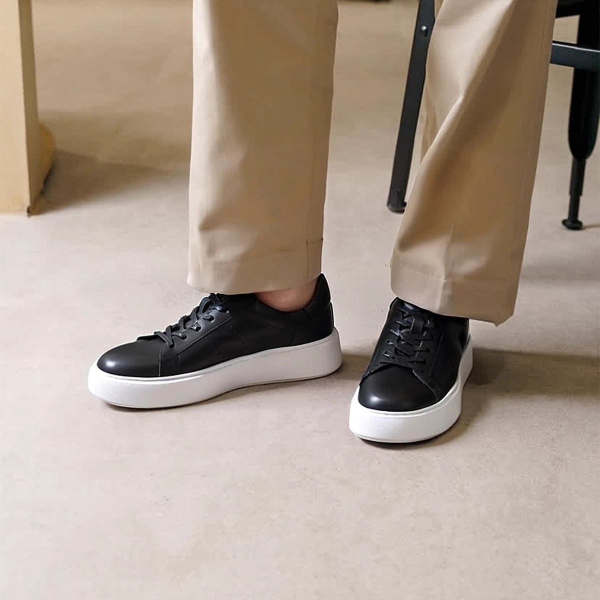 Men's genuine leather low-top sneakers, black lace-up with smooth leather upper