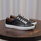 Men's genuine leather lace-up sneakers, black design with white midsole