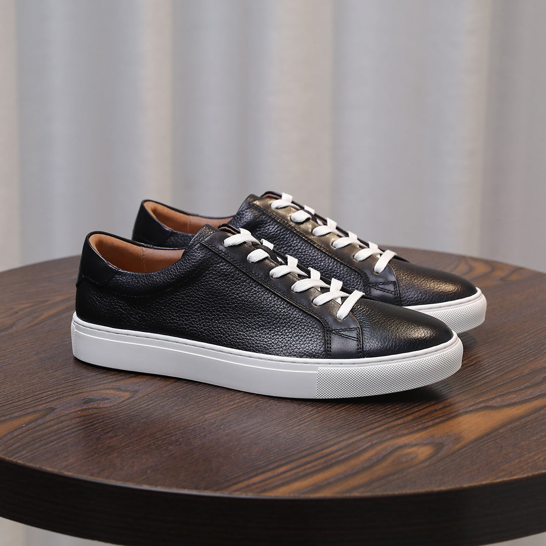 Men's genuine leather lace-up sneakers, black design with white midsole