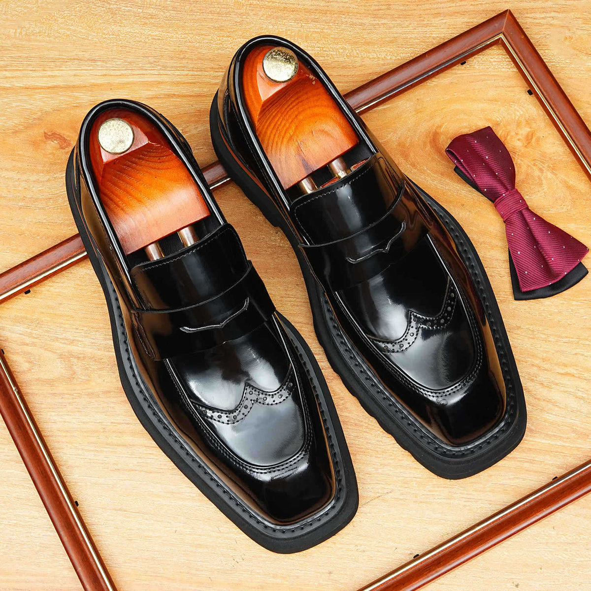 Men's Square Toe Brogue Platform Leather Loafers