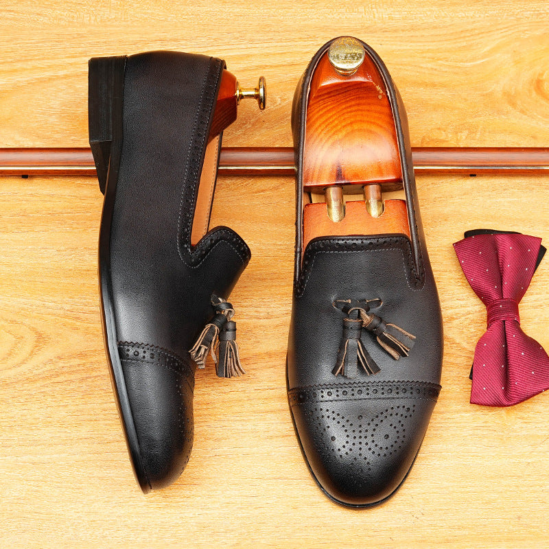 Men's Cap Toe Carved Tassel Pointed Leather Loafers