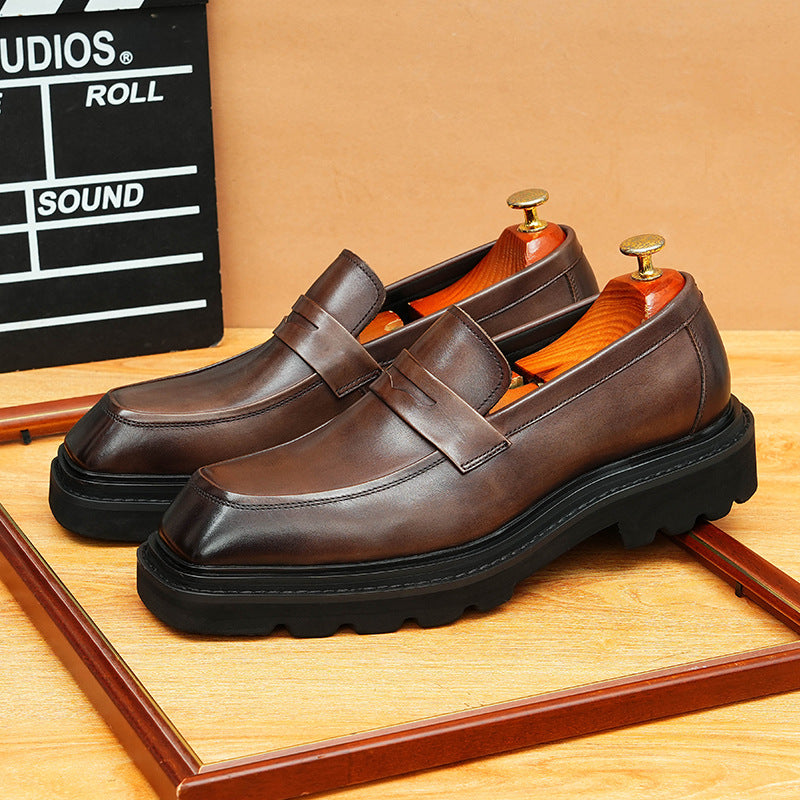 Men's Square Toe Penny Strap Chunky Sole Leather Loafers