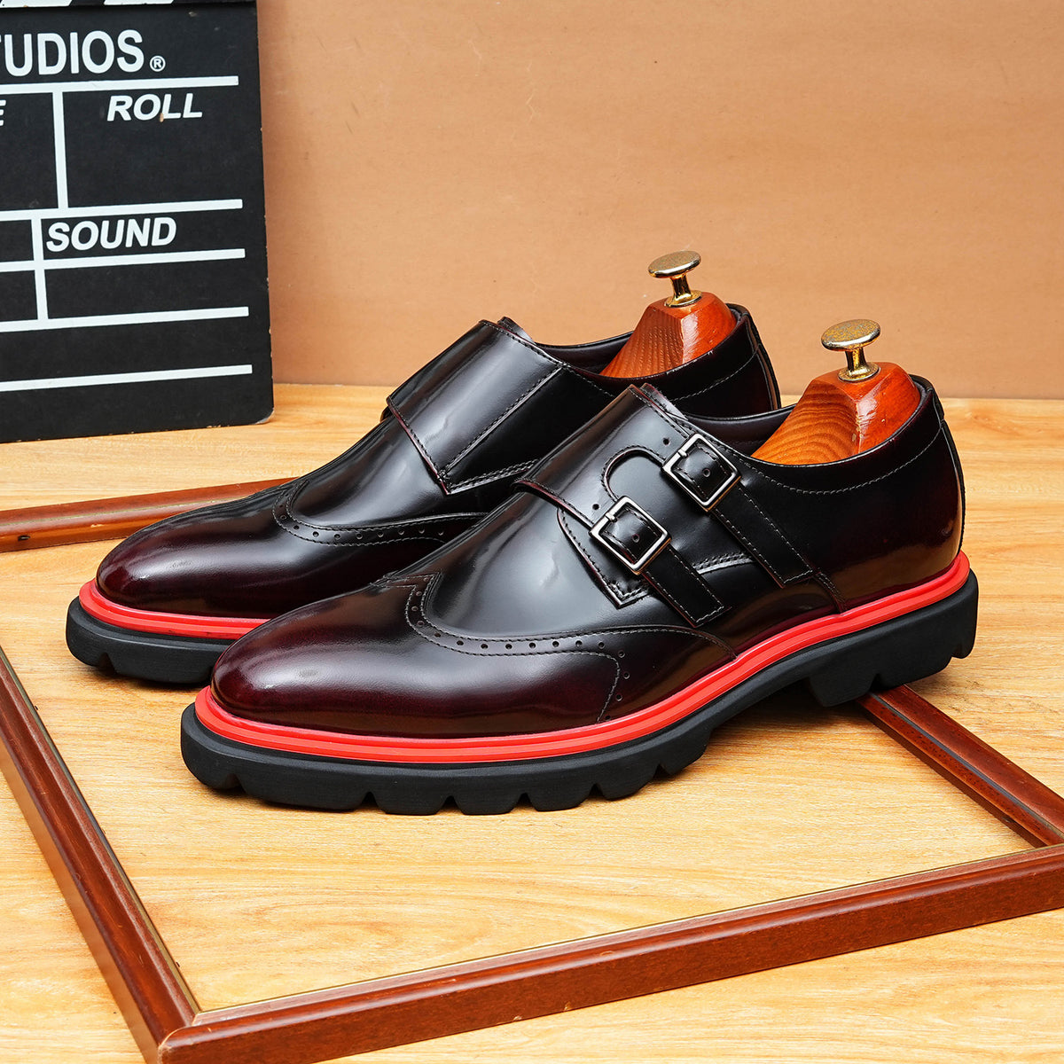 Men's Black Burgundy Double Monk Strap Leather Formal Shoes