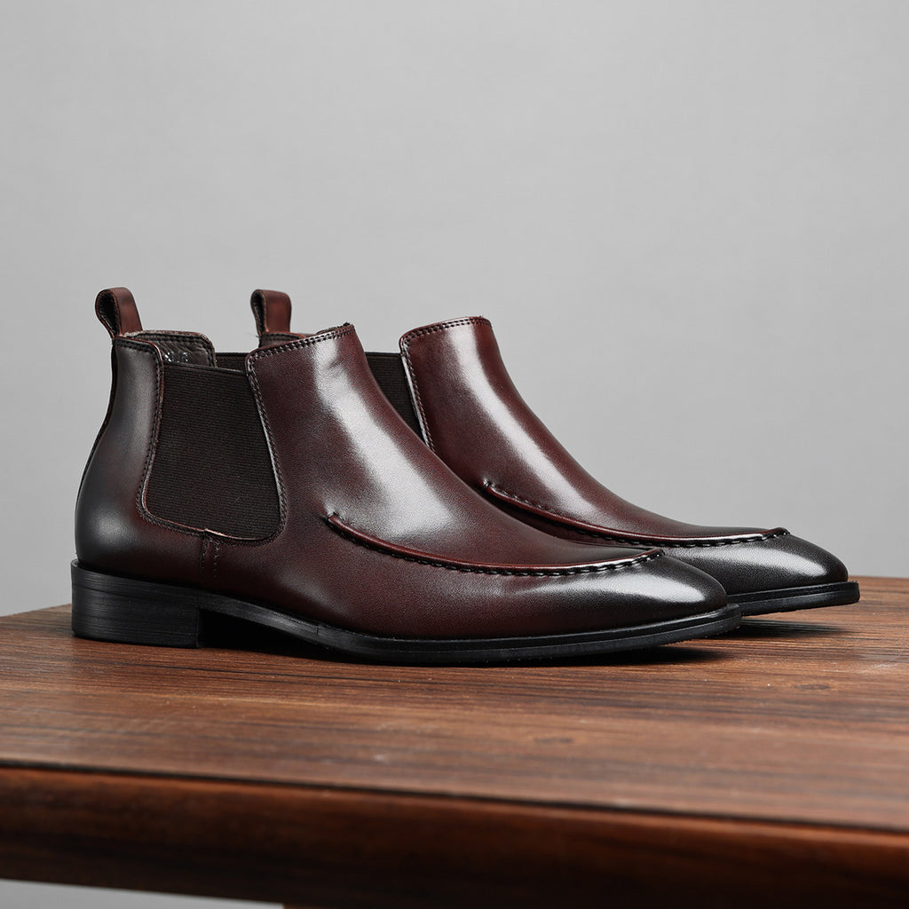 Men's genuine leather Chelsea dress boots, dark brown slip-on ankle boots with low heel.