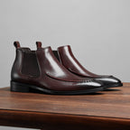 Men's genuine leather Chelsea dress boots, dark brown slip-on ankle boots with low heel.