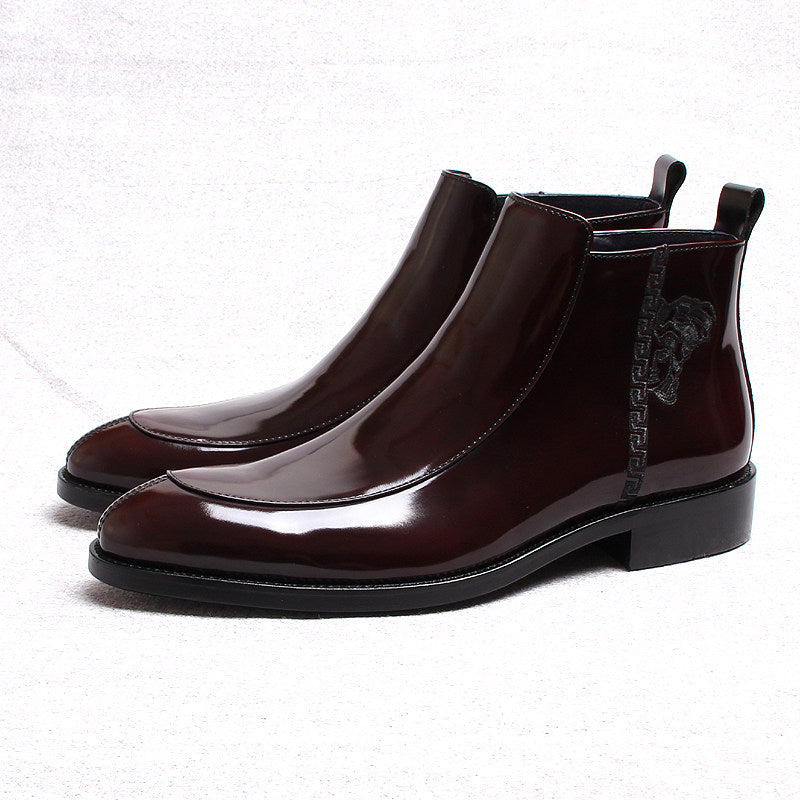 Men's thick-sole leather side-zip boots, dark brown, pair side view