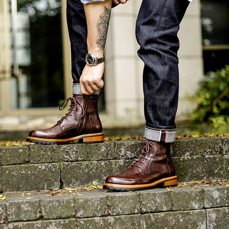 Men's pointed-toe leather side-zip lace-up boots, brown with lug rubber sole