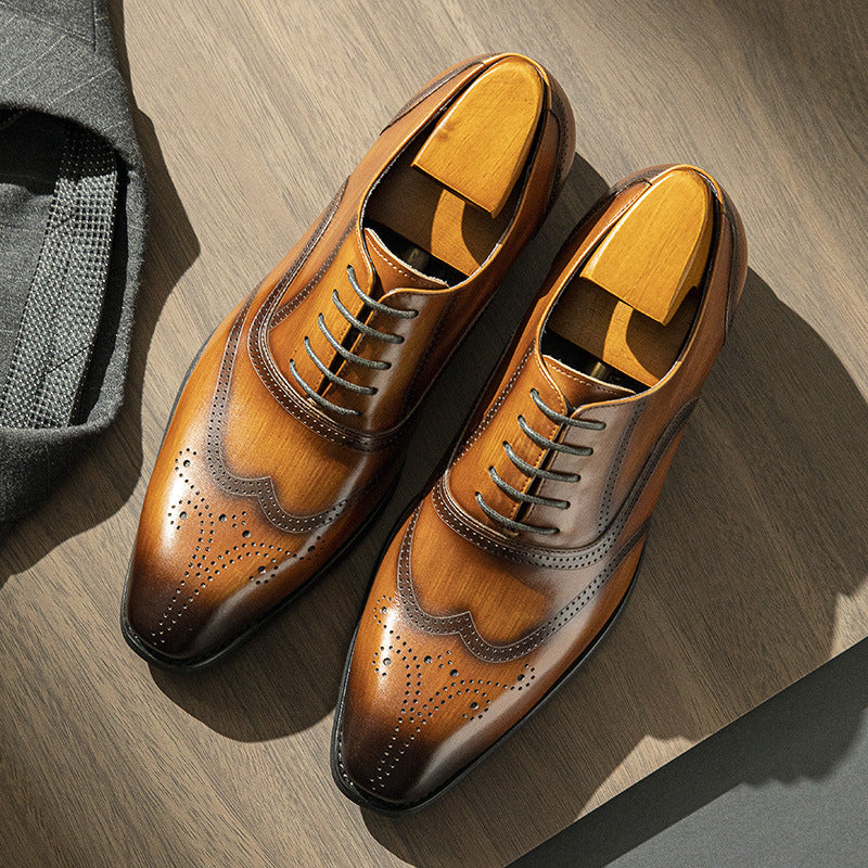 Men's Leather Brogue Wingtip Oxford Shoes - Handcrafted Lace-Up Dress Shoes