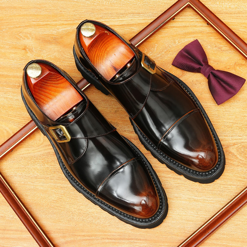 Men's Stitched Cap Toe Pointed Single Monk Strap Leather Shoes